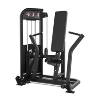 Thumbnail for Black selectorized seated chest press machine with weight stack and adjustable seat.
