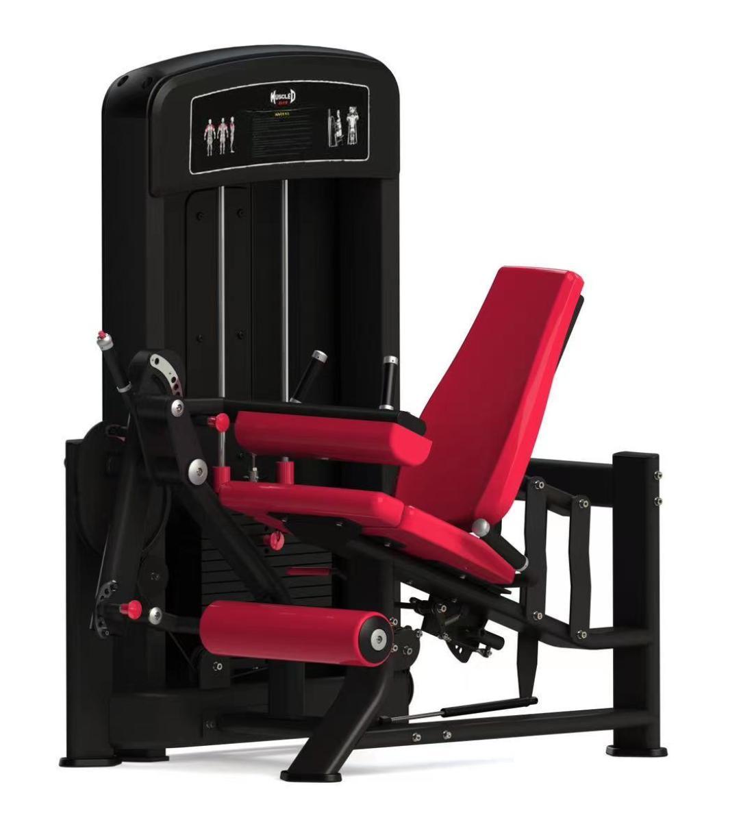 Black and red leg extension and leg curl combo machine with adjustable seat and pin selectorized weight stack.