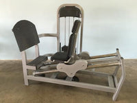 Thumbnail for Silver and black seated leg press machine with weight stack.