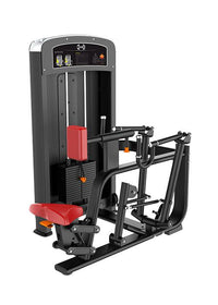 Thumbnail for Black and red seated row machine with weight stack, adjustable seat, and multiple grip handles.