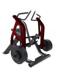 Thumbnail for Red and black plate-loaded seated row machine with handles and weight plates on a white background.