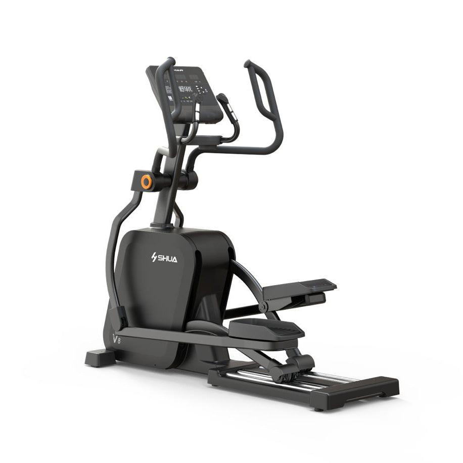 Black commercial elliptical cross trainer with digital display and moving handlebars on a white background.