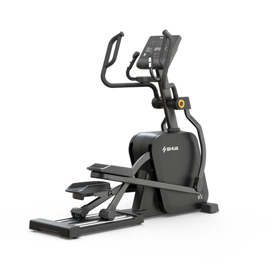 Black commercial cross trainer elliptical with a digital display and moving handlebars.
