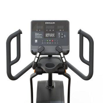 Close-up of a black commercial cross trainer elliptical with a digital display and handlebars.