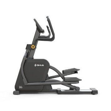 Black commercial elliptical machine with handles and foot pedals on a white background.