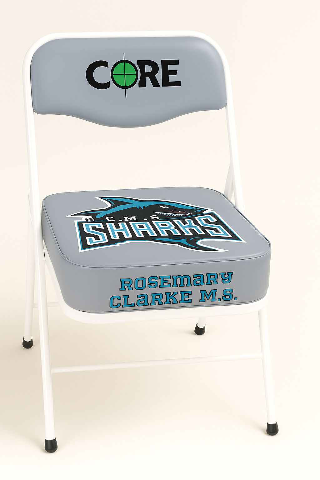 Gray folding chair with "CORE" on back, "SHARKS" logo on seat, and "ROSEMARY CLARKE M.S." on front.