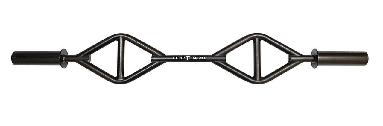 Black multi-grip barbell with two diamond-shaped handle sections and "T-GRIP BARBELL" text in the center.