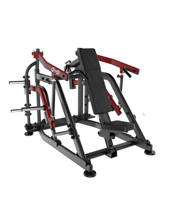 Black and red plate-loaded shoulder press machine with a padded seat and backrest.