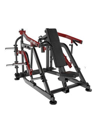 Thumbnail for Black and red plate-loaded shoulder press machine with a padded seat and backrest.