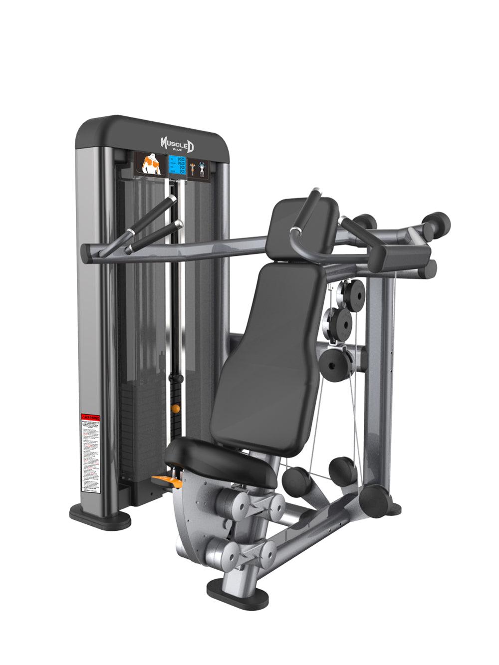 Gray and black shoulder press machine with padded seat and backrest, weight stack, and isolateral handles.