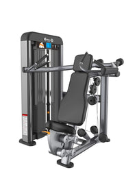 Thumbnail for Gray and black shoulder press machine with padded seat and backrest, weight stack, and isolateral handles.