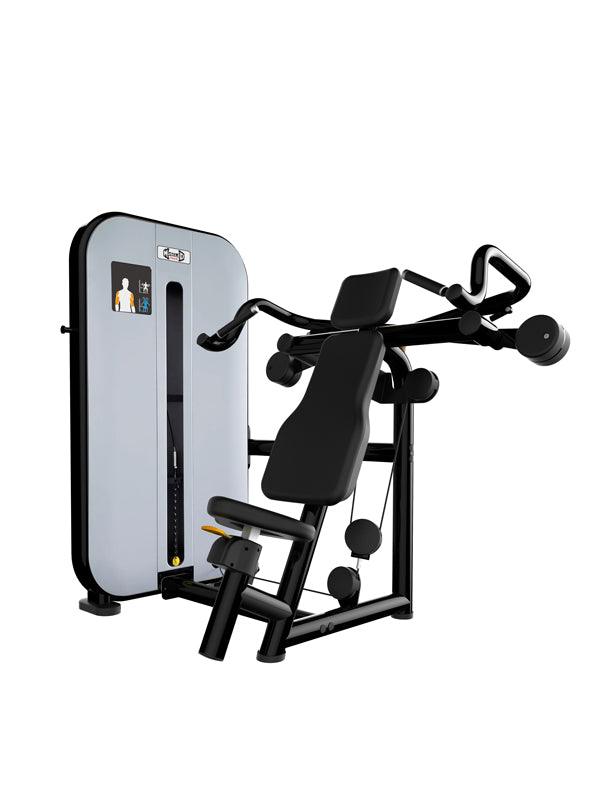 Black and gray shoulder press machine with adjustable seat and pin selectorized weight stack.