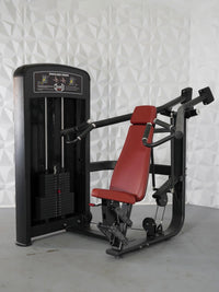 Thumbnail for Black and red selectorized shoulder press machine with weight stack and adjustable seat.