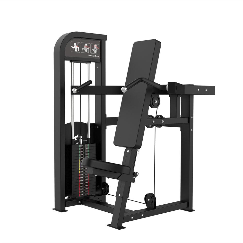 Black selectorized shoulder press machine with adjustable seat and weight stack.