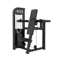 Thumbnail for Black selectorized shoulder press machine with adjustable seat and weight stack.