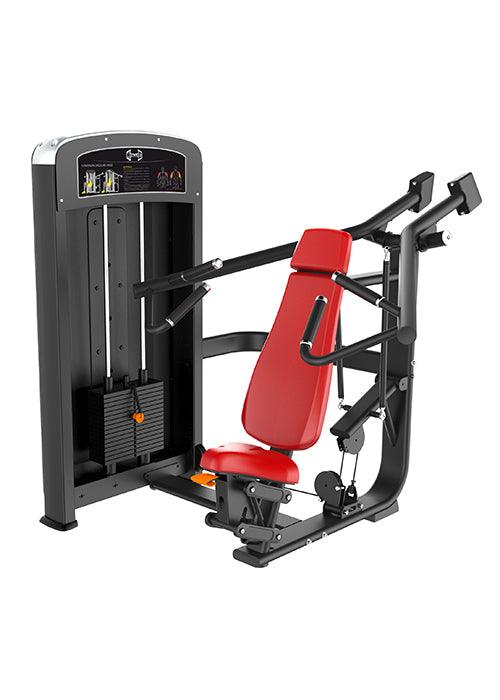 Black and red seated shoulder press machine with a weight stack.