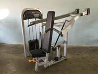 Thumbnail for Silver shoulder press machine with black seat, handles, and pin-selectorized weight stack.
