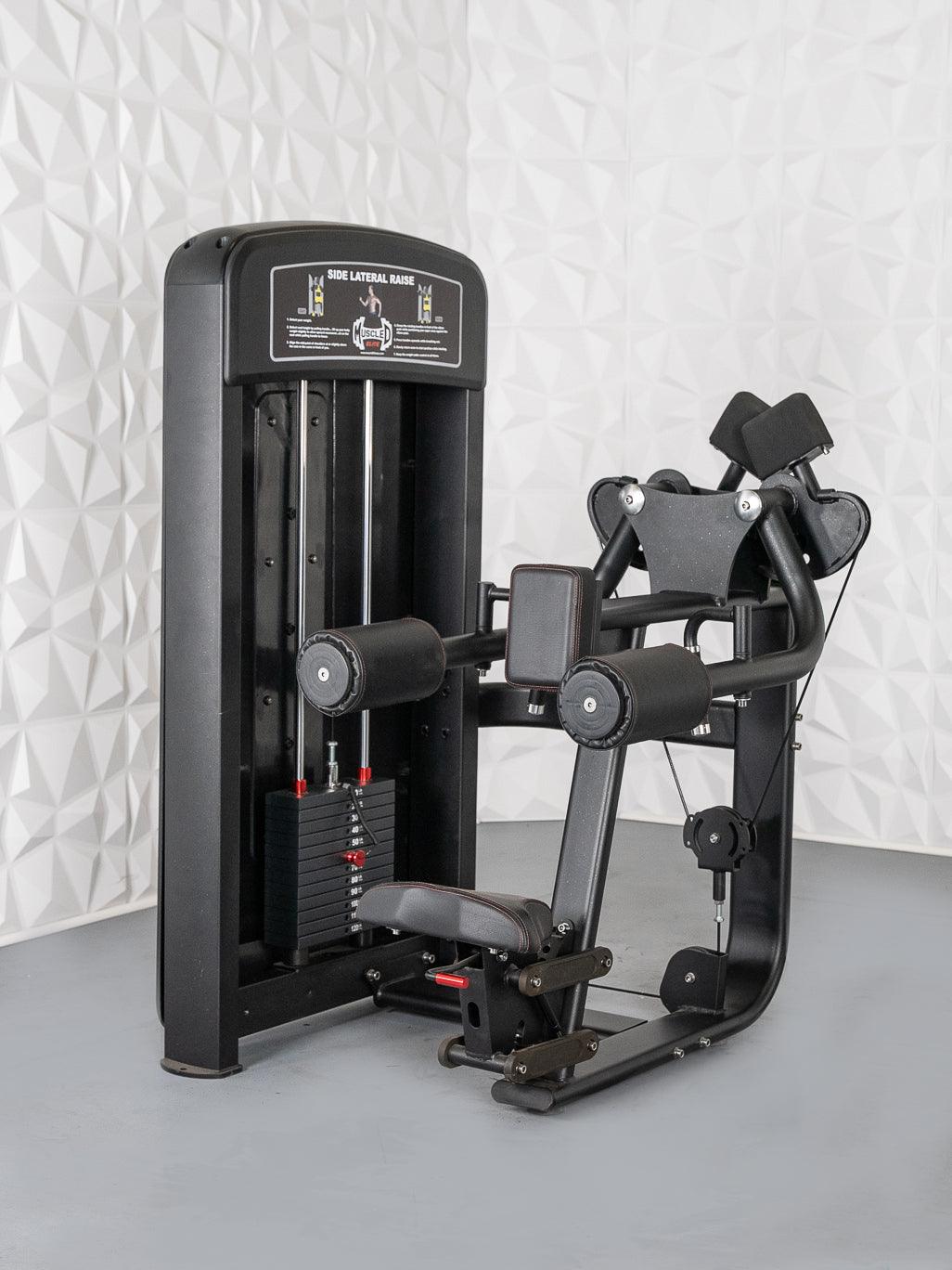Black selectorized side lateral raise machine with padded seat and armrests.