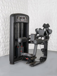 Thumbnail for Black selectorized side lateral raise machine with padded seat and armrests.