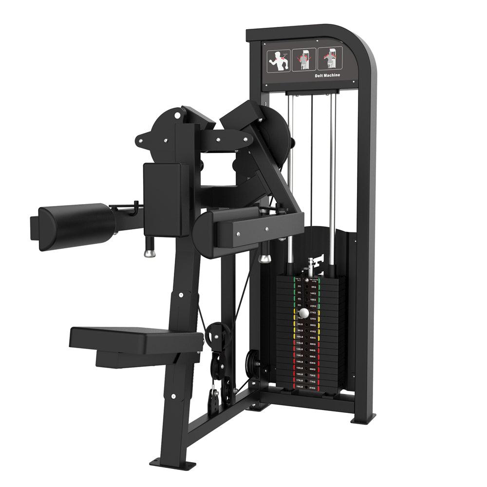 Black selectorized delt raise machine with padded seat and armrests, weight stack visible.