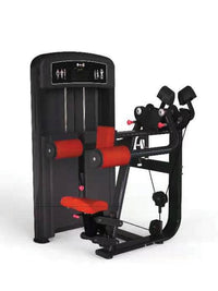 Thumbnail for Black and red lateral raise machine with padded seat and shoulder rests.
