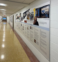 Thumbnail for Long silicone edge graphic timeline with a Villanova pennant, photos and dated text panels along a school hallway wall