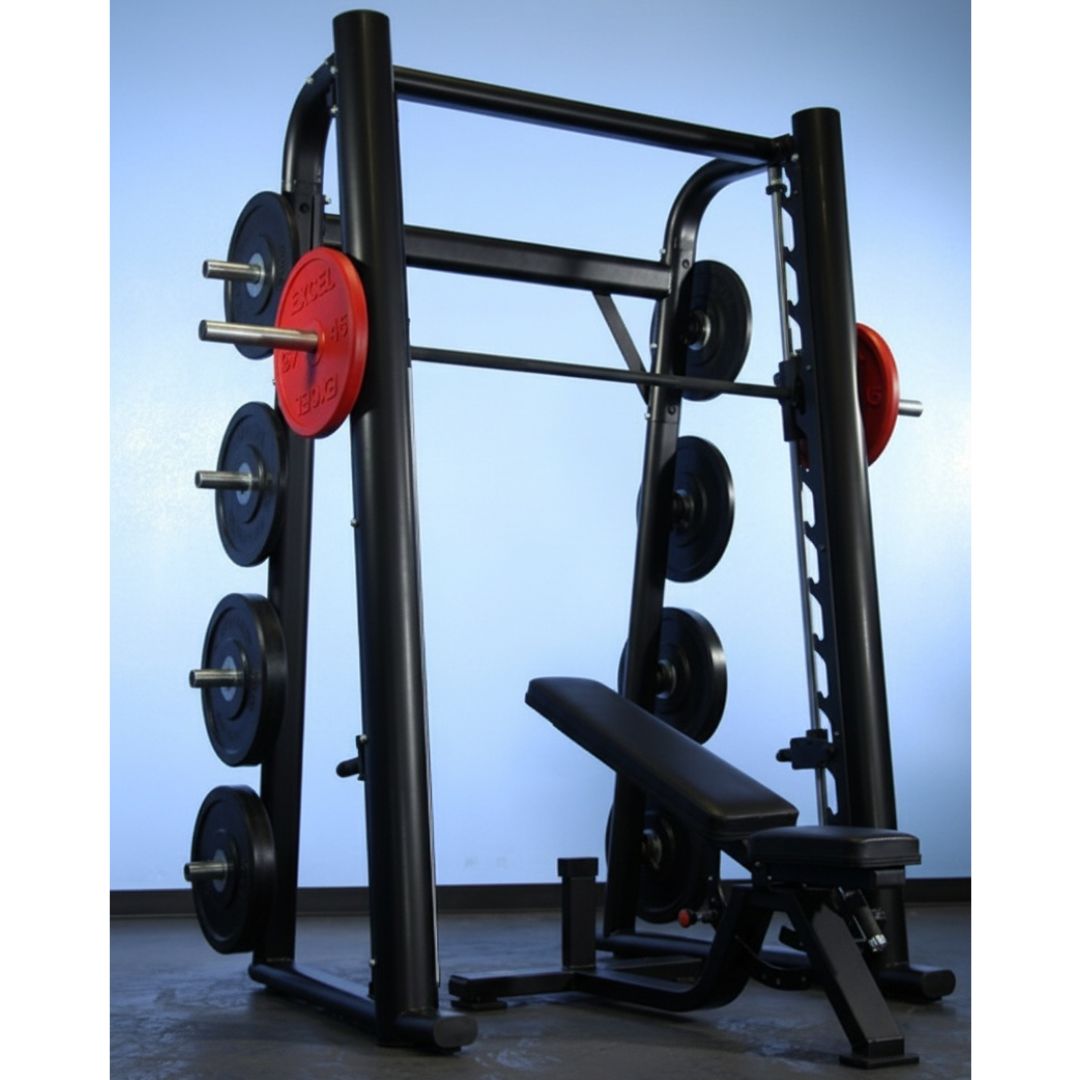 Black Smith machine with plate storage, red and black weight plates, and an adjustable utility bench.