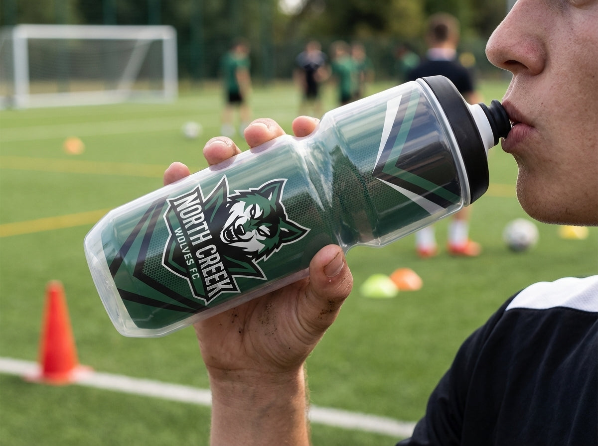 Person drinking from a clear water bottle with a green "North Creek Wolves FC" logo on a soccer field.