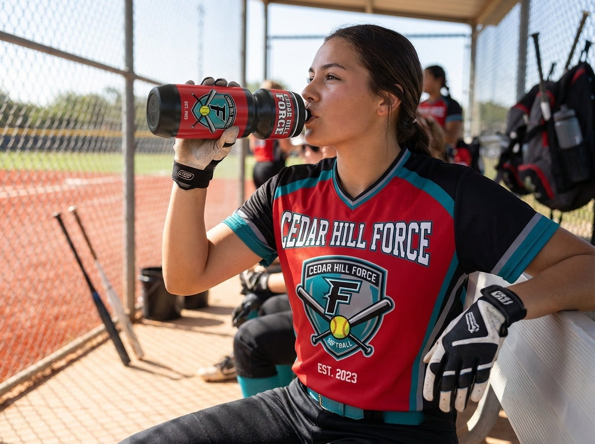 Softball player in red jersey drinking from a custom black and red water bottle with a team logo.