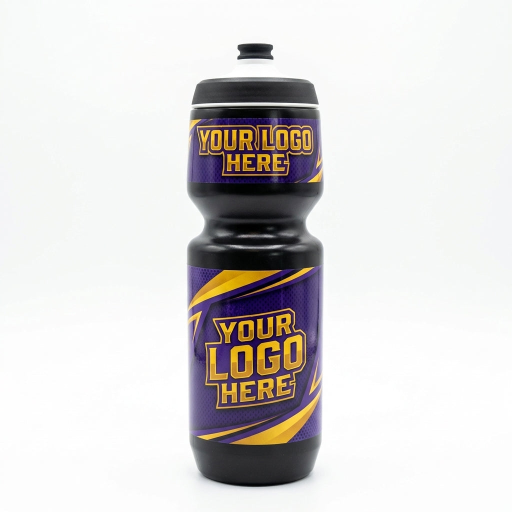 Black water bottle with purple and gold "YOUR LOGO HERE" design.