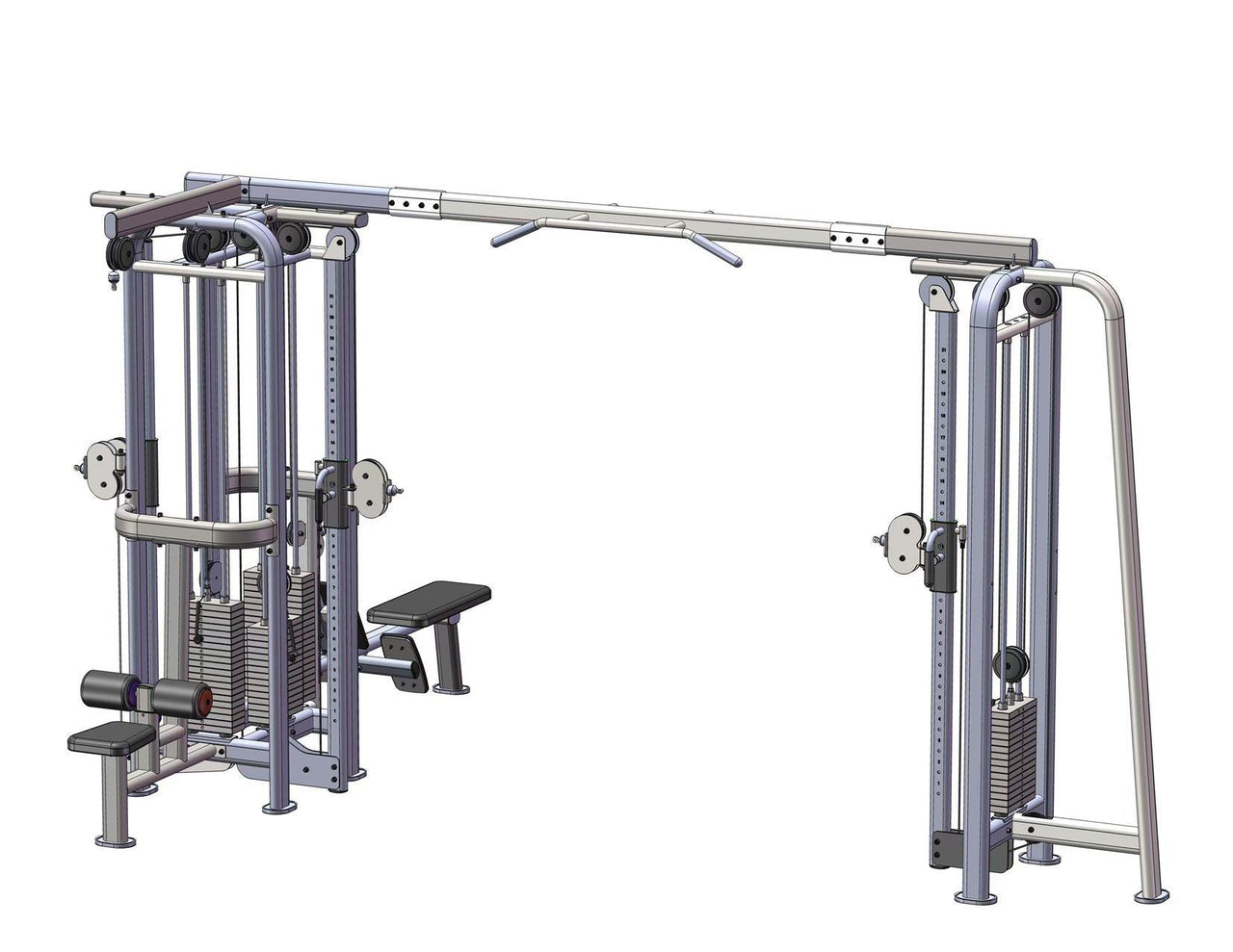 Commercial-grade 5-stack jungle gym with lat pull, low row, and functional columns.