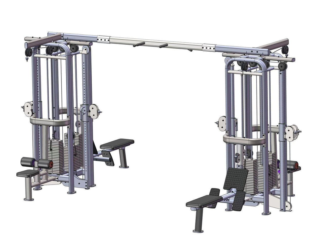 Gray multi-station jungle gym with 8 weight stacks, benches, and various cable attachments.