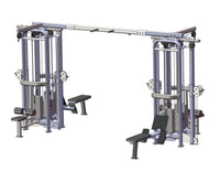 Thumbnail for Gray multi-station jungle gym with 8 weight stacks, benches, and various cable attachments.