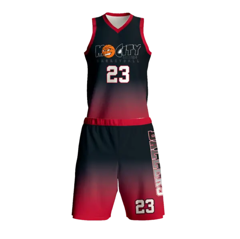 Black and red gradient basketball jersey and shorts with "MO CITY BASKETBALL" and number 23.