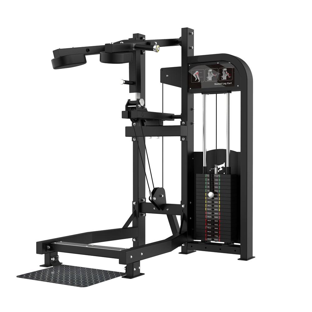 Black standing calf raise machine with shoulder pads, footplate, and weight stack.