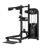 Thumbnail for Black standing calf raise machine with shoulder pads, footplate, and weight stack.