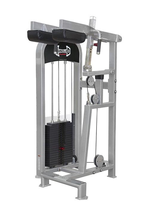 Silver standing calf raise machine with black weight stack and padded shoulder rests.