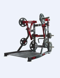 Thumbnail for Red and black independent single arm row machine with weight plates and a textured foot platform.