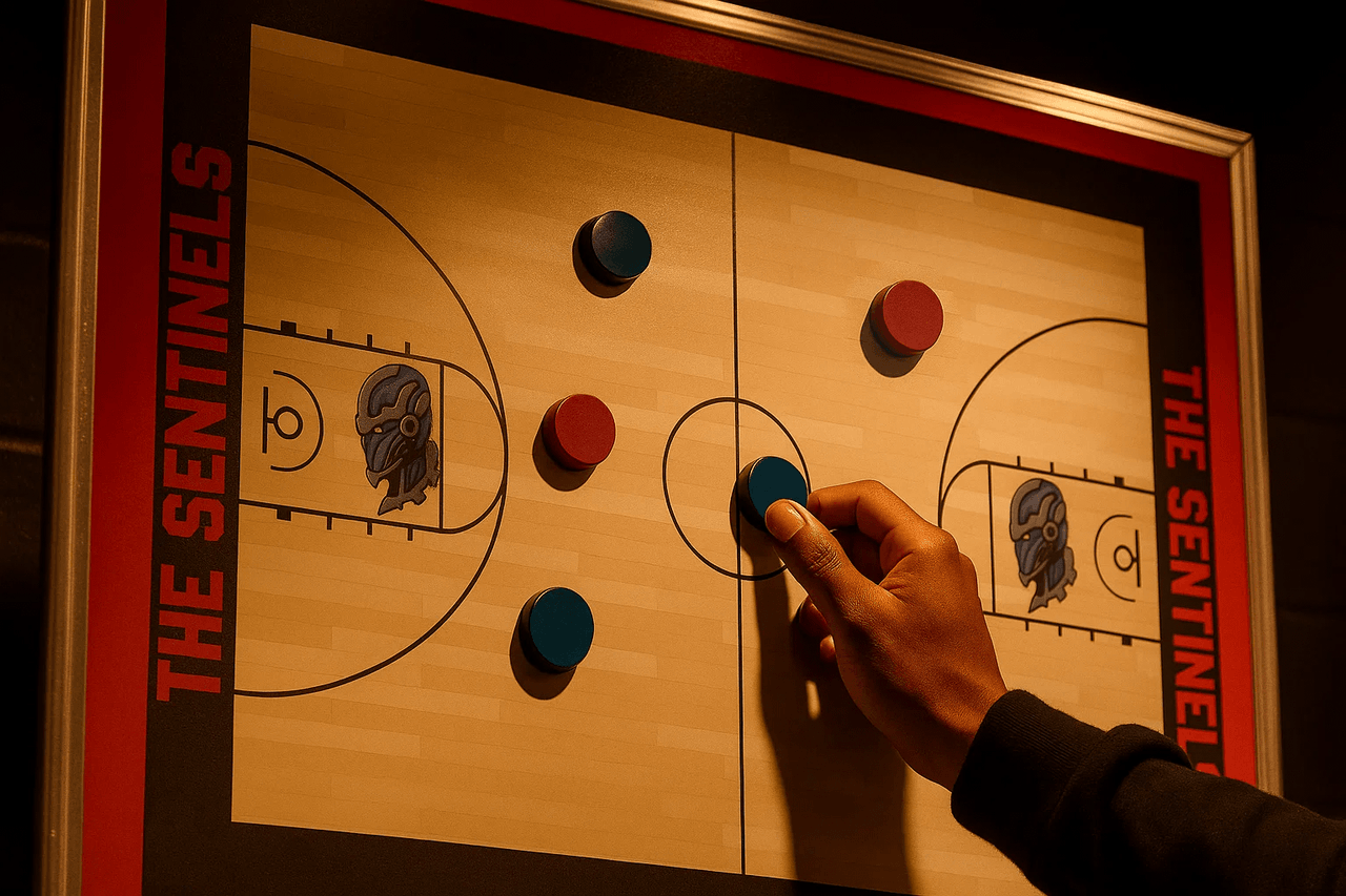 Hand moving a blue magnet on a basketball court whiteboard with red and blue magnets, "THE SENTINELS" text.