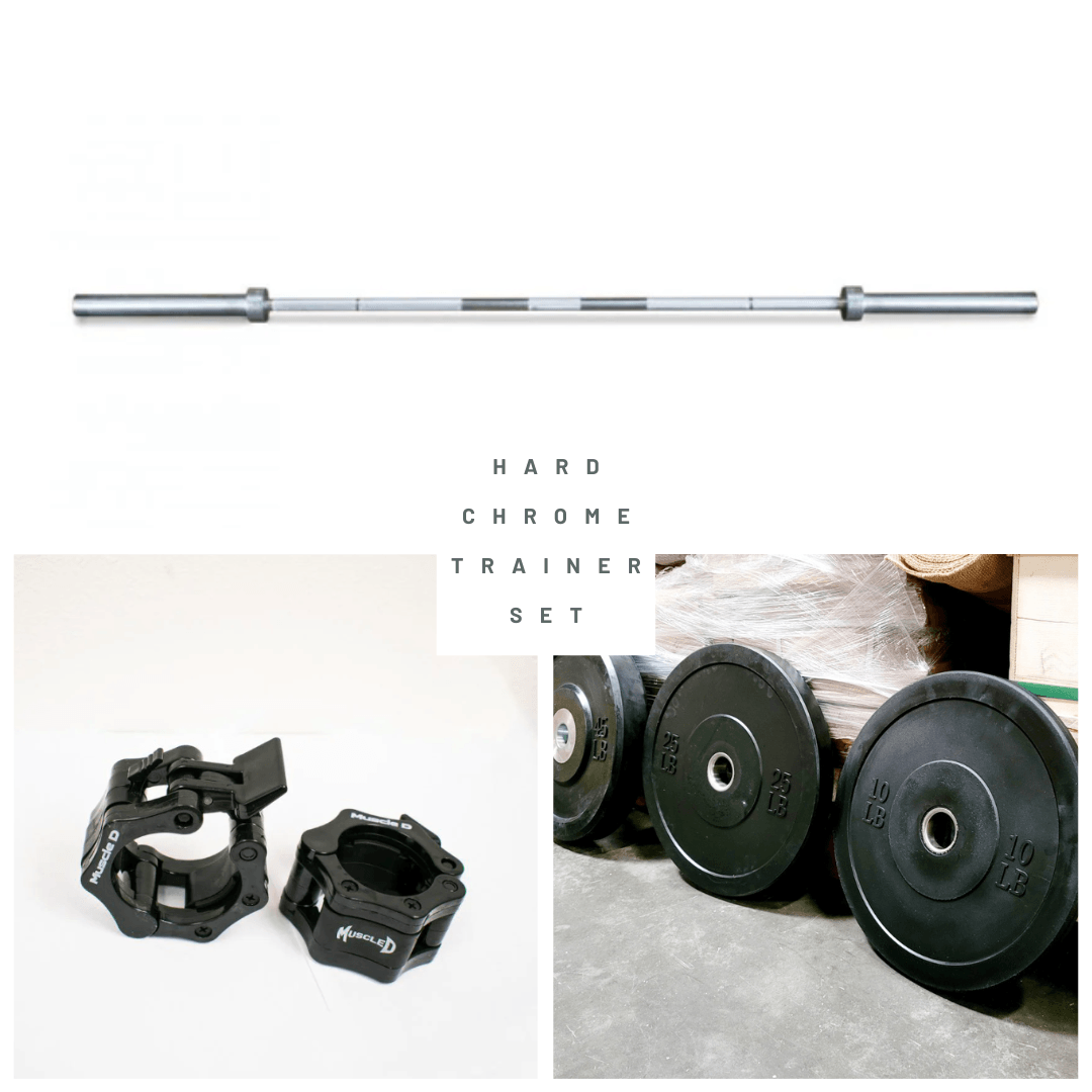 Olympic bar, two black clamps, and three black bumper plates (10lb & 25lb).
