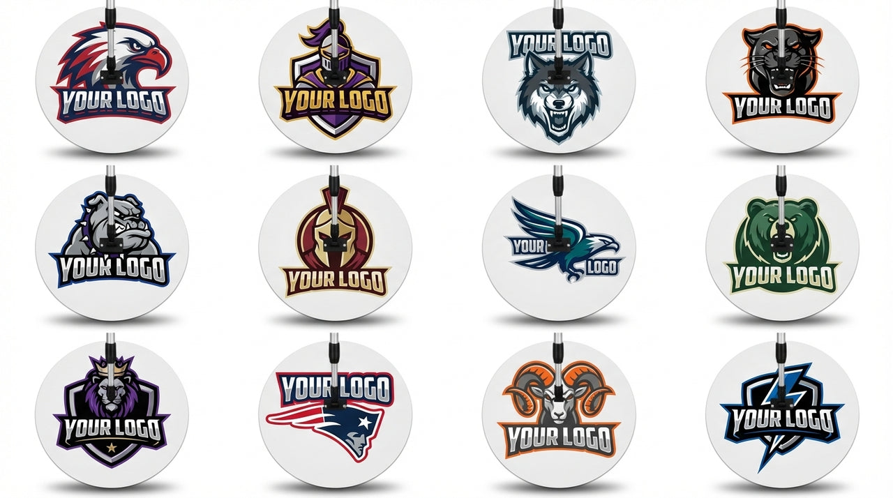 Round white sweat mops with various animal and sports-themed logos and "YOUR LOGO" text.