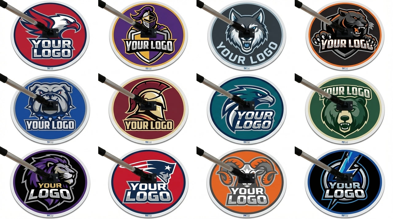12 round floor mats with various animal and sports logos, each with a mop head resting on it.