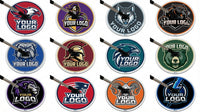 Thumbnail for 12 round floor mats with various animal and sports logos, each with a mop head resting on it.