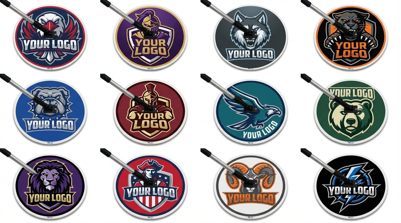Twelve round sweat mops with various animal and warrior logos, each with a mop handle.