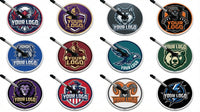 Thumbnail for Twelve round sweat mops with various animal and warrior logos, each with a mop handle.
