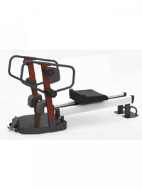 Thumbnail for Red and black stretching machine with a padded seat, footplate, and handles on a white background.
