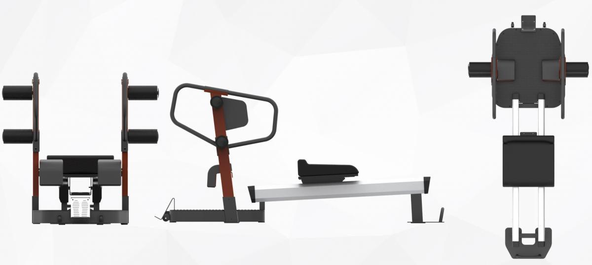 Black and red stretching machine shown from front, side, and top views.