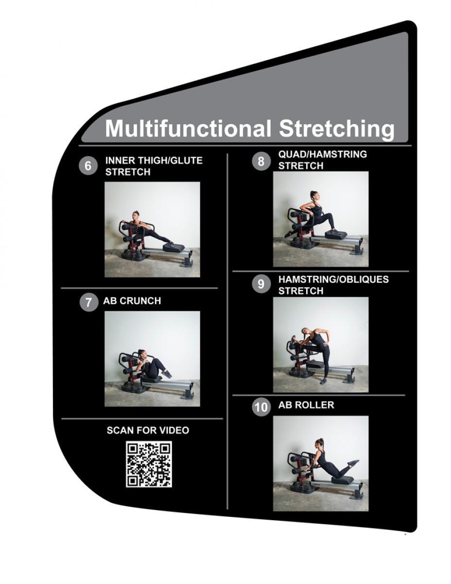 Infographic showing a woman demonstrating 5 different stretches on a black and red stretching machine.