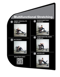Thumbnail for Infographic showing a woman demonstrating 5 different stretches on a black and red stretching machine.