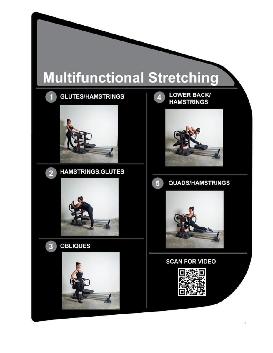 Black and gray graphic showing 5 different stretching exercises on a "Super Stretch Machine.